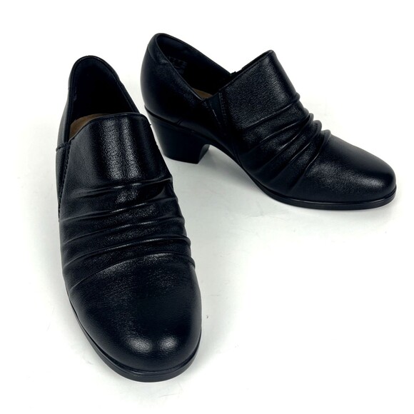 Clarks Emily Cove Black Leather Slip on Wedge heel Womens SZ 9.5 Casual Comfort - Picture 3 of 14